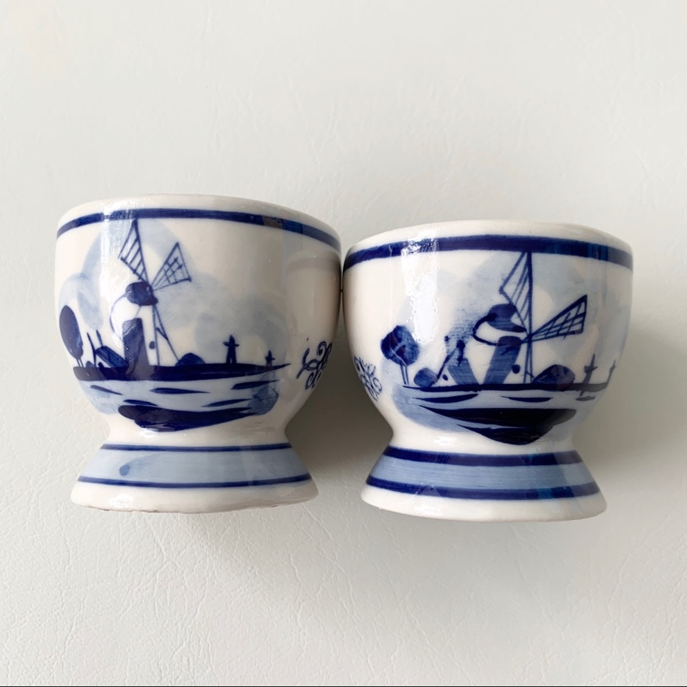 Vintage Blue and White Ceramic Egg Holder Set of 2